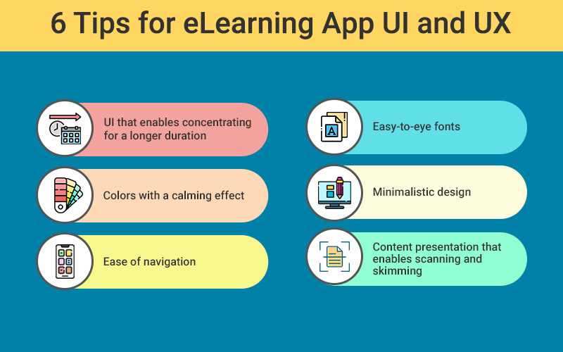 Infographic showing the top six tips for eLearning app’s UI and UX.