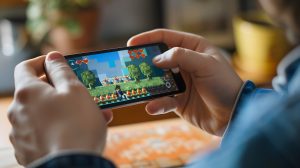 Person playing a retro-inspired mobile game with pixel graphics on a smartphone screen.