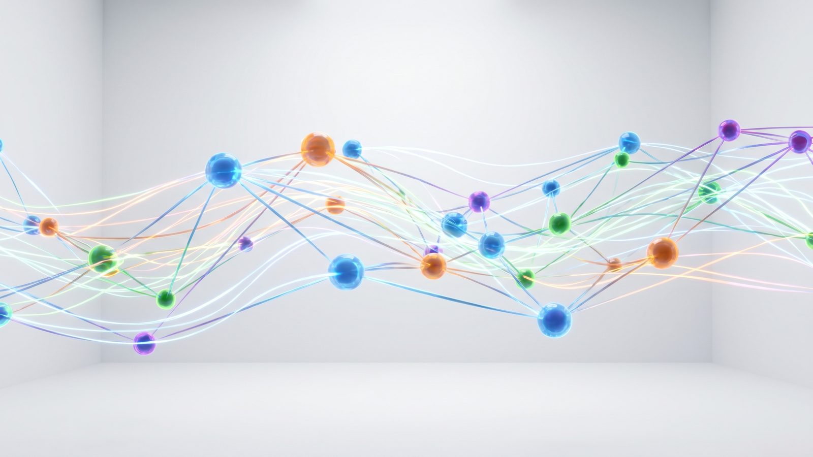 Vibrant 3D render of a glowing multi colored network of interconnected nodes and data streams in full spectrum colors on a clean light studio background