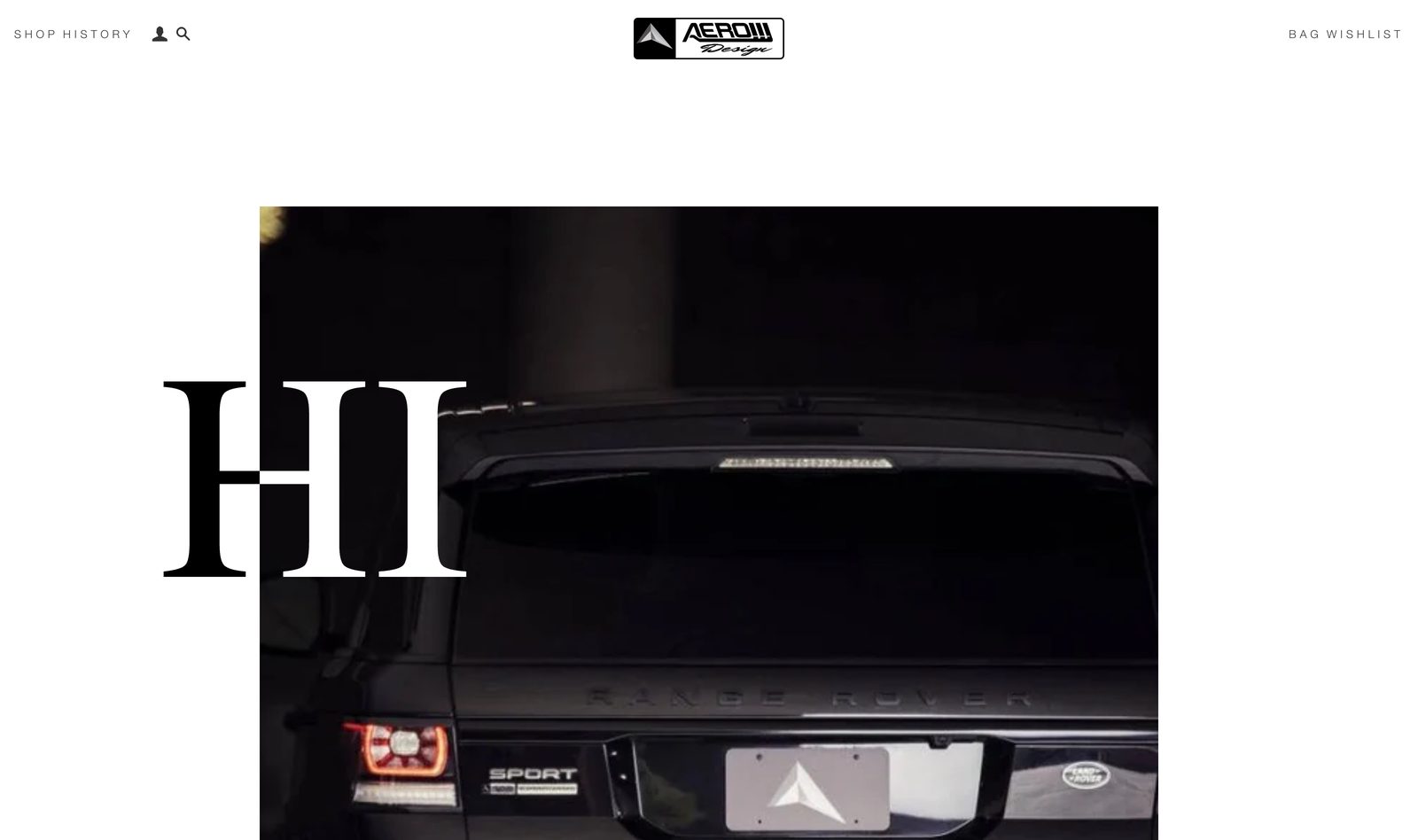 AEROW Design history page with a large serif heading over a dark photo of the Range Rover rear and the AEROW badge on the license plate