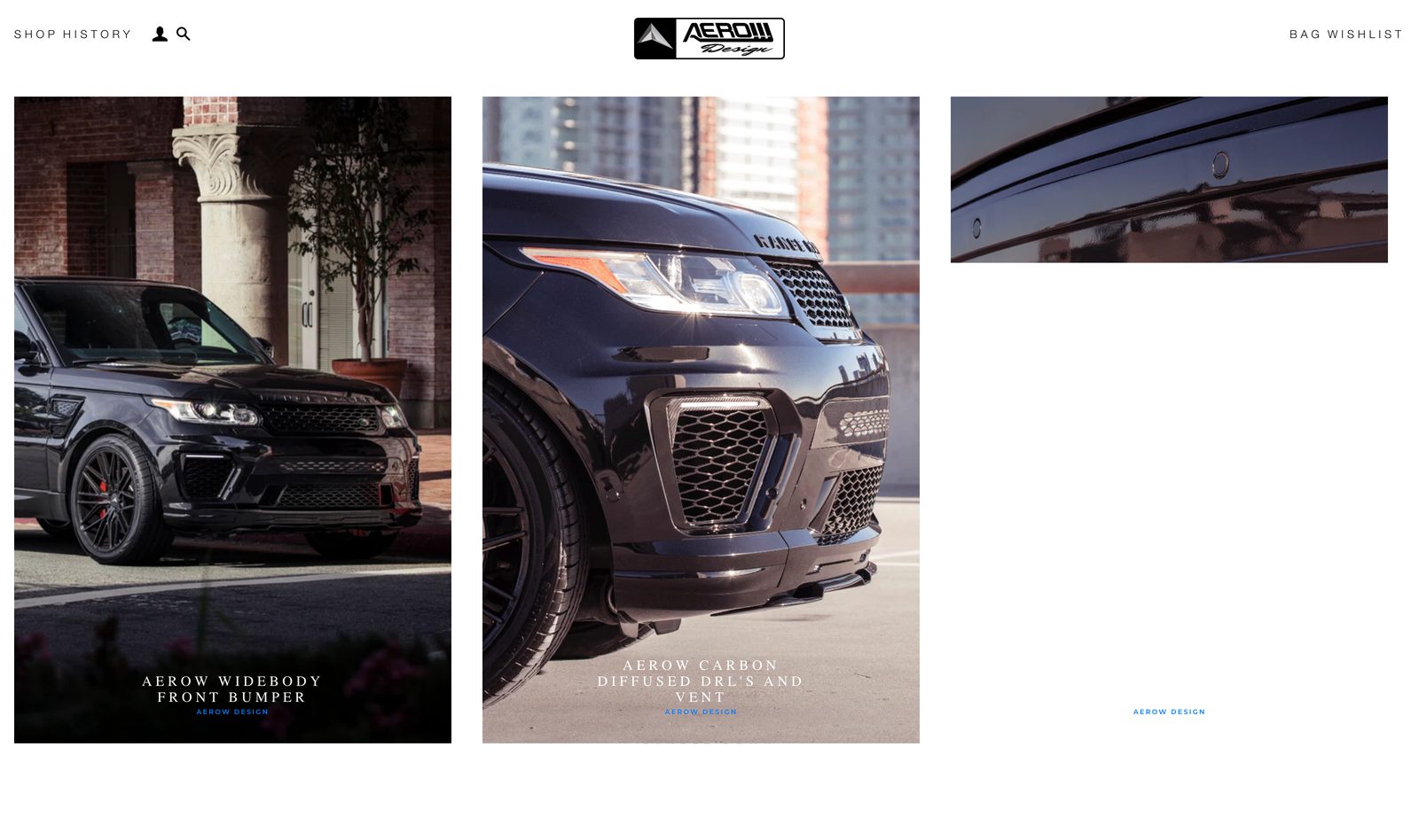 AEROW Design collection page with dark editorial product cards for the AEROW Widebody Front Bumper and the AEROW Carbon Diffused DRLs and Vent for the Range Rover Sport