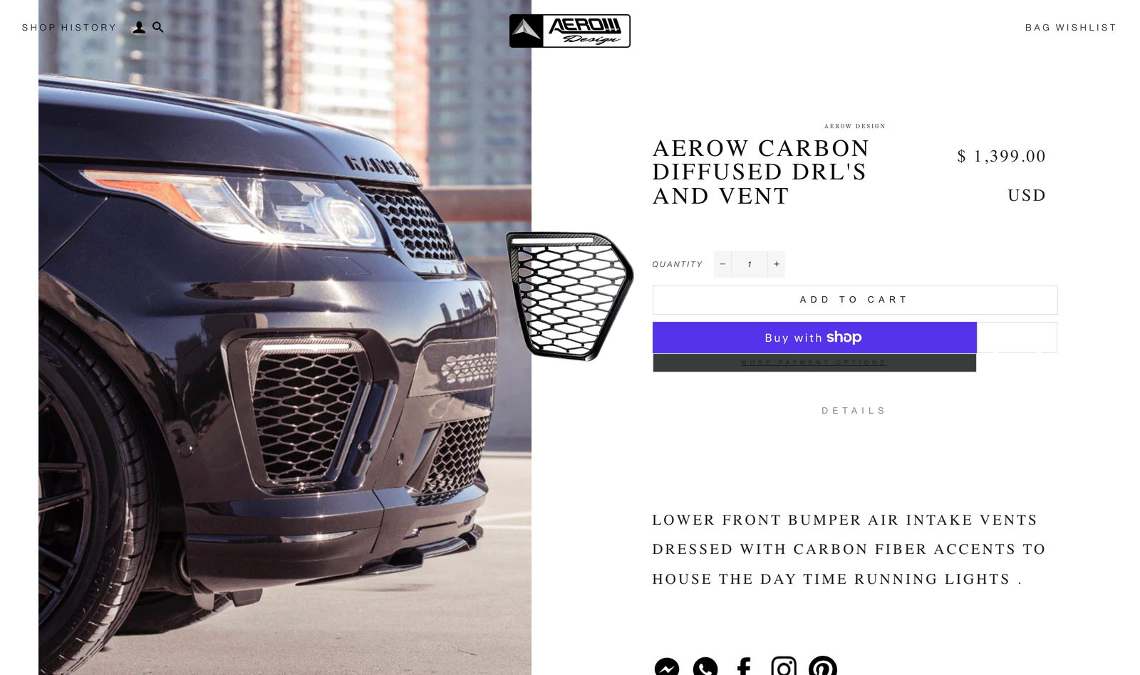 AEROW Design product page for the Carbon Diffused DRLs and Vent priced at 1,399 dollars, showing the carbon-fiber part beside the vehicle front with Add to Cart and Buy with Shop