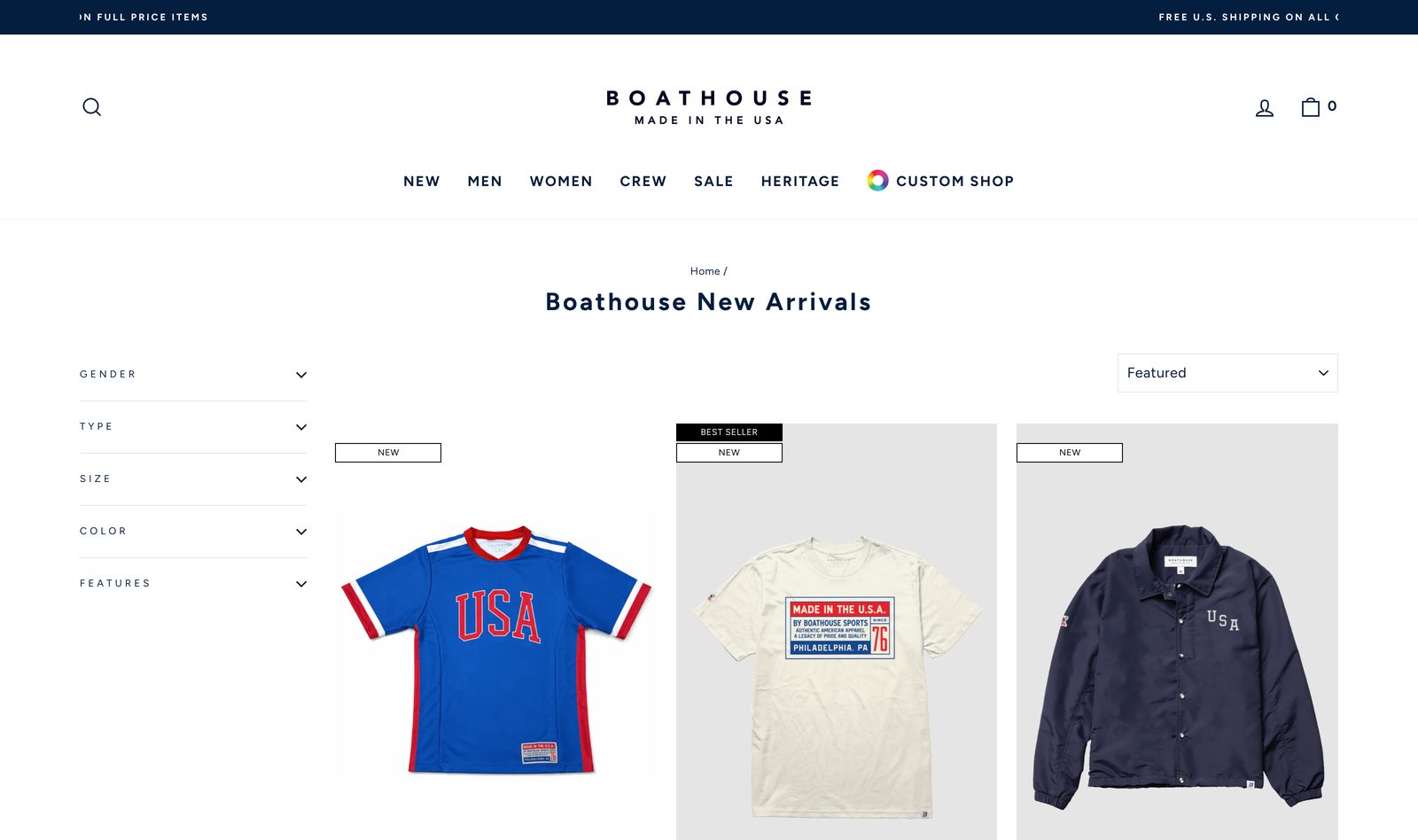 Boathouse New Arrivals collection grid of USA jerseys, tees, and coaches jackets with a Fast Simon filter rail and Featured sort