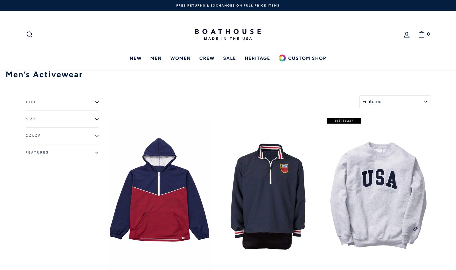 Boathouse Men's Activewear collection of hoodies, quarter-zips, and USA crewnecks with filters and a Featured sort