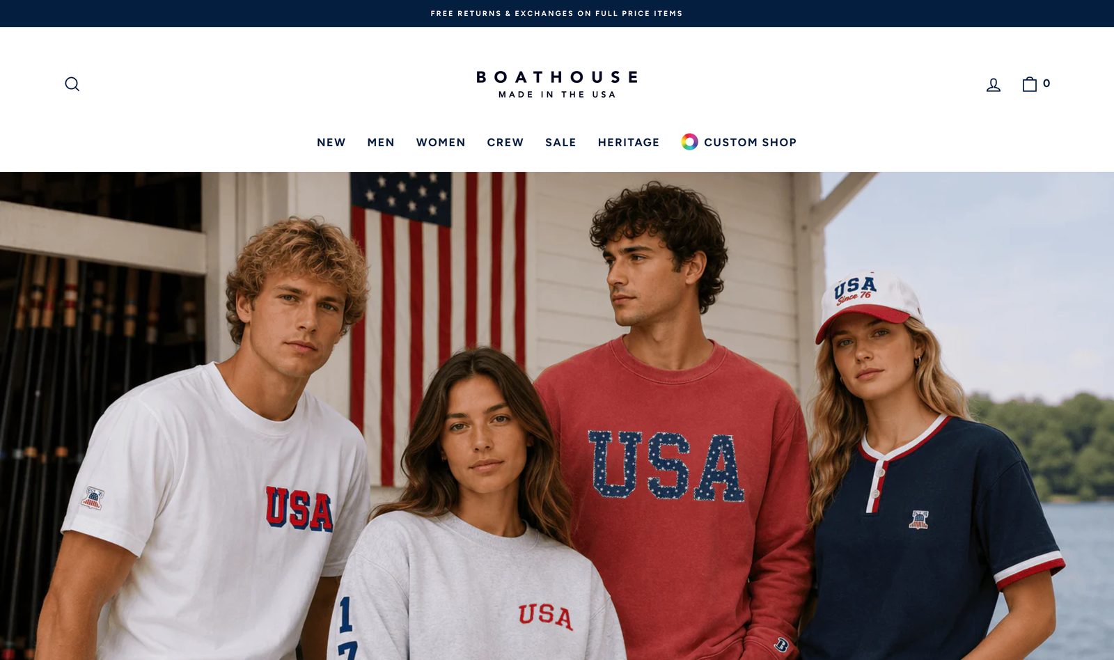 Boathouse homepage hero with models in USA athletic apparel beside an American flag under the MADE IN THE USA wordmark and a free returns announcement bar