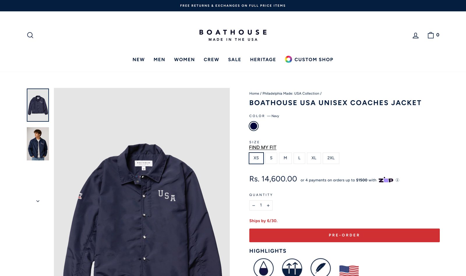 Boathouse USA Unisex Coaches Jacket product page showing the navy jacket, color swatch, Find My Fit size selector, and Highlights