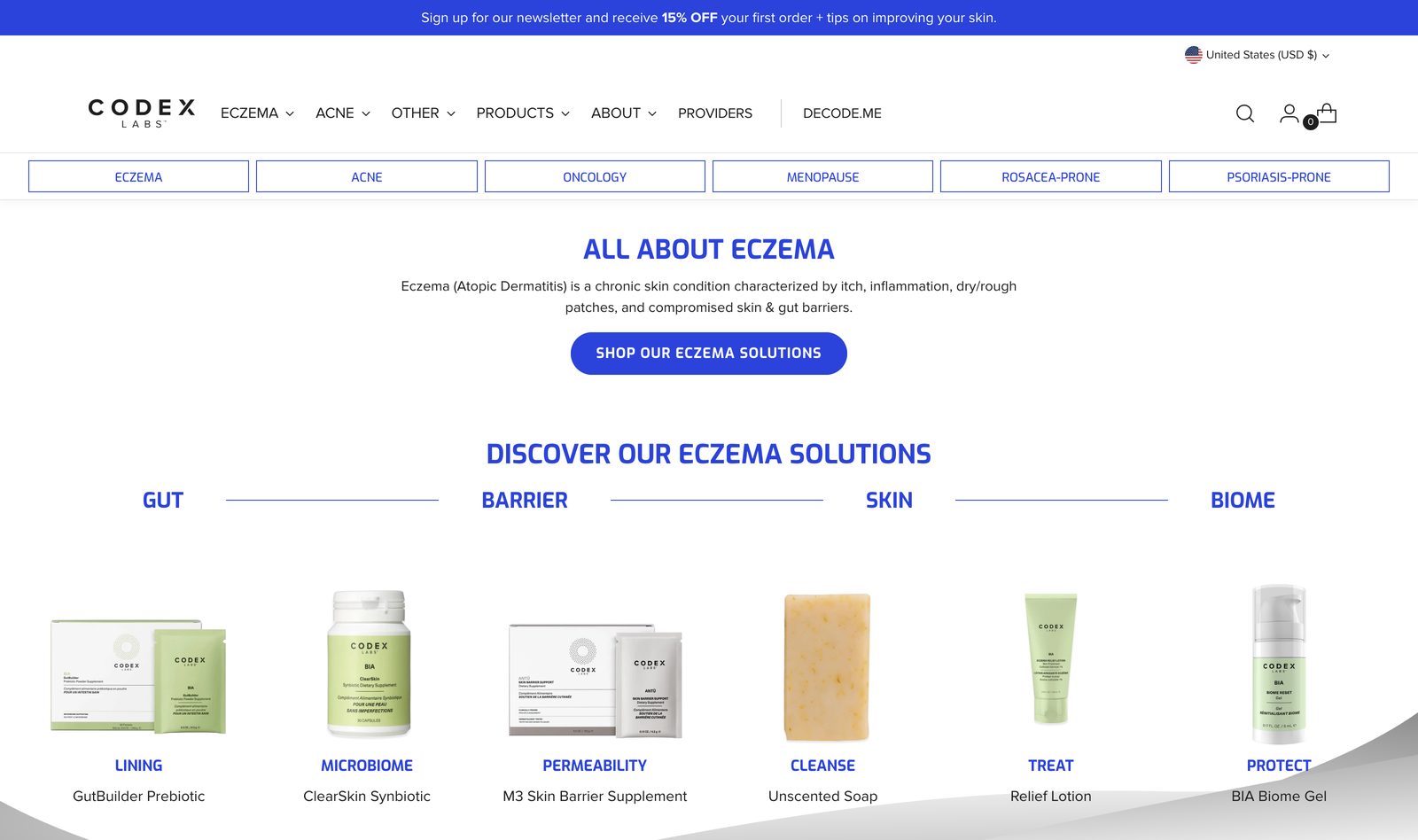 Codex Labs All About Eczema page with Discover Our Eczema Solutions across gut, barrier, skin, and biome