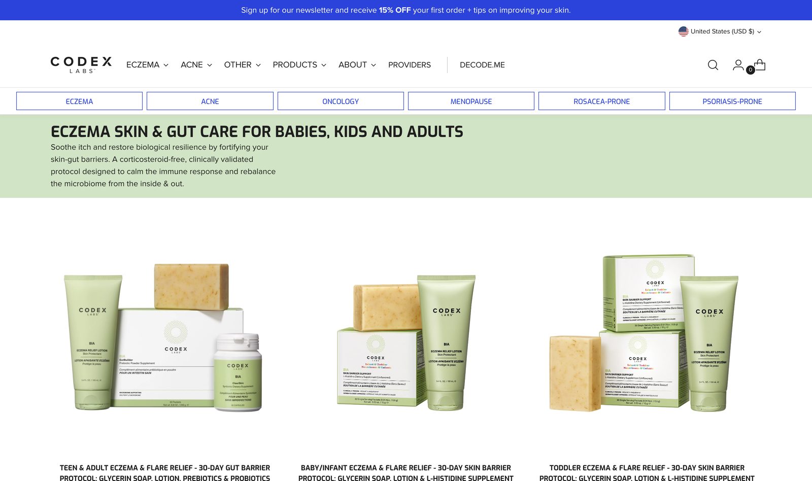 Codex Labs eczema skin and gut care collection for babies, kids, and adults with science-led product cards and clinical protocols