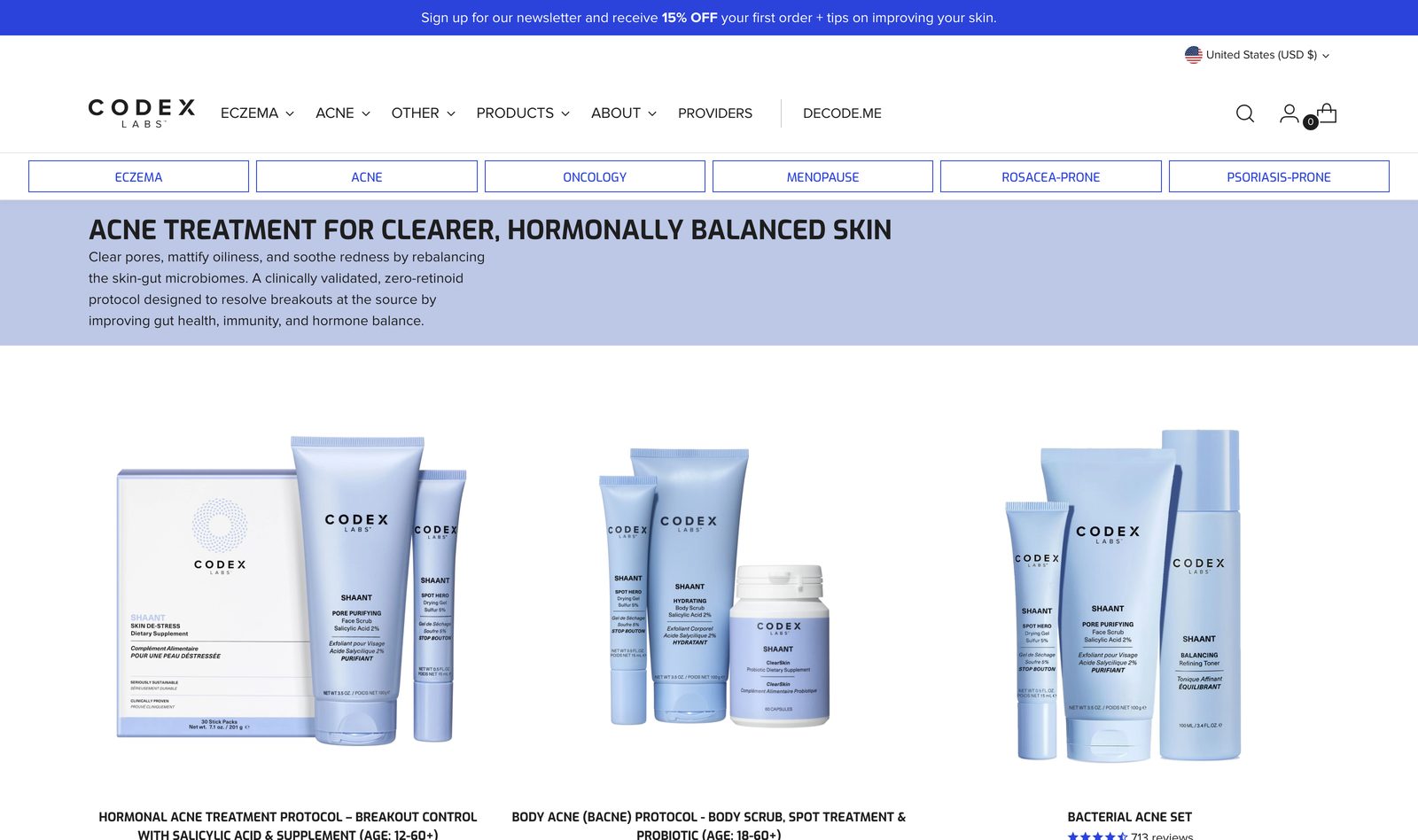 Codex Labs acne treatment collection for clearer, hormonally balanced skin with science-led product cards and protocols