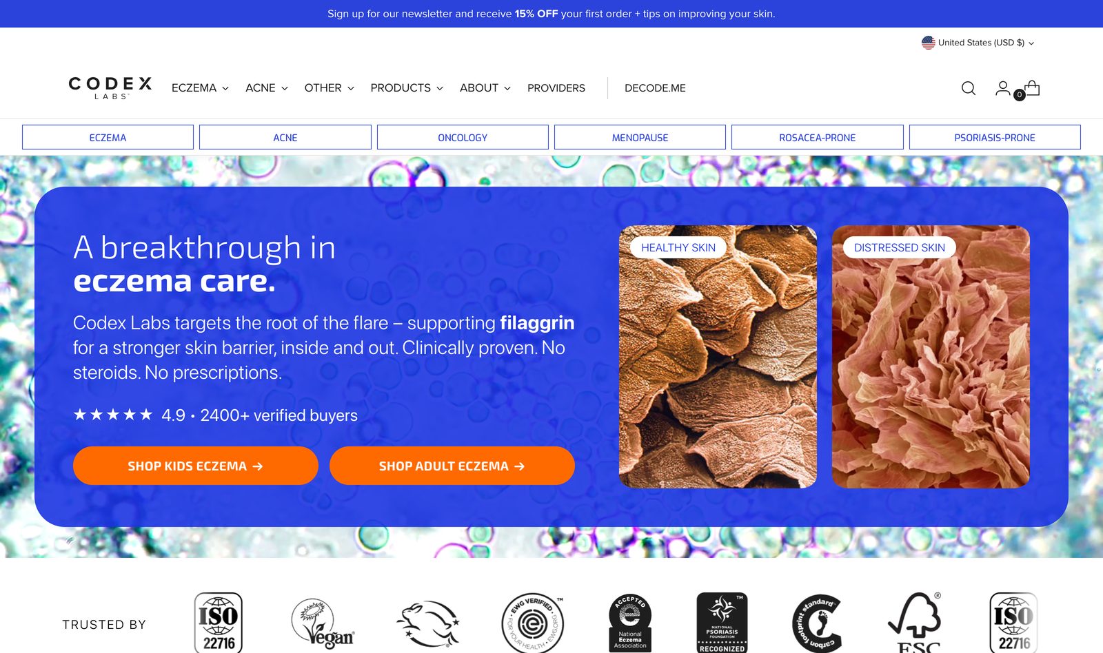 Codex Labs homepage with a breakthrough in eczema care headline, the science of filaggrin, a healthy versus eczema skin visual, Shop Kids and Shop Adults, and trust certifications