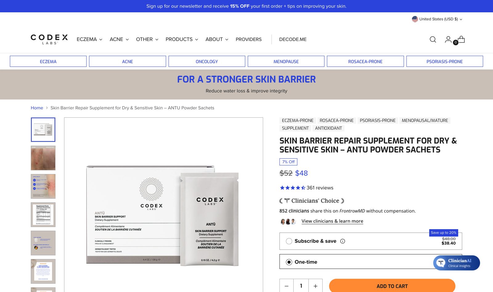 Codex Labs product page for the Skin Barrier Repair Supplement, Antu Powder Sachets, priced at 48 dollars with a Clinician's Choice marker and Subscribe and save
