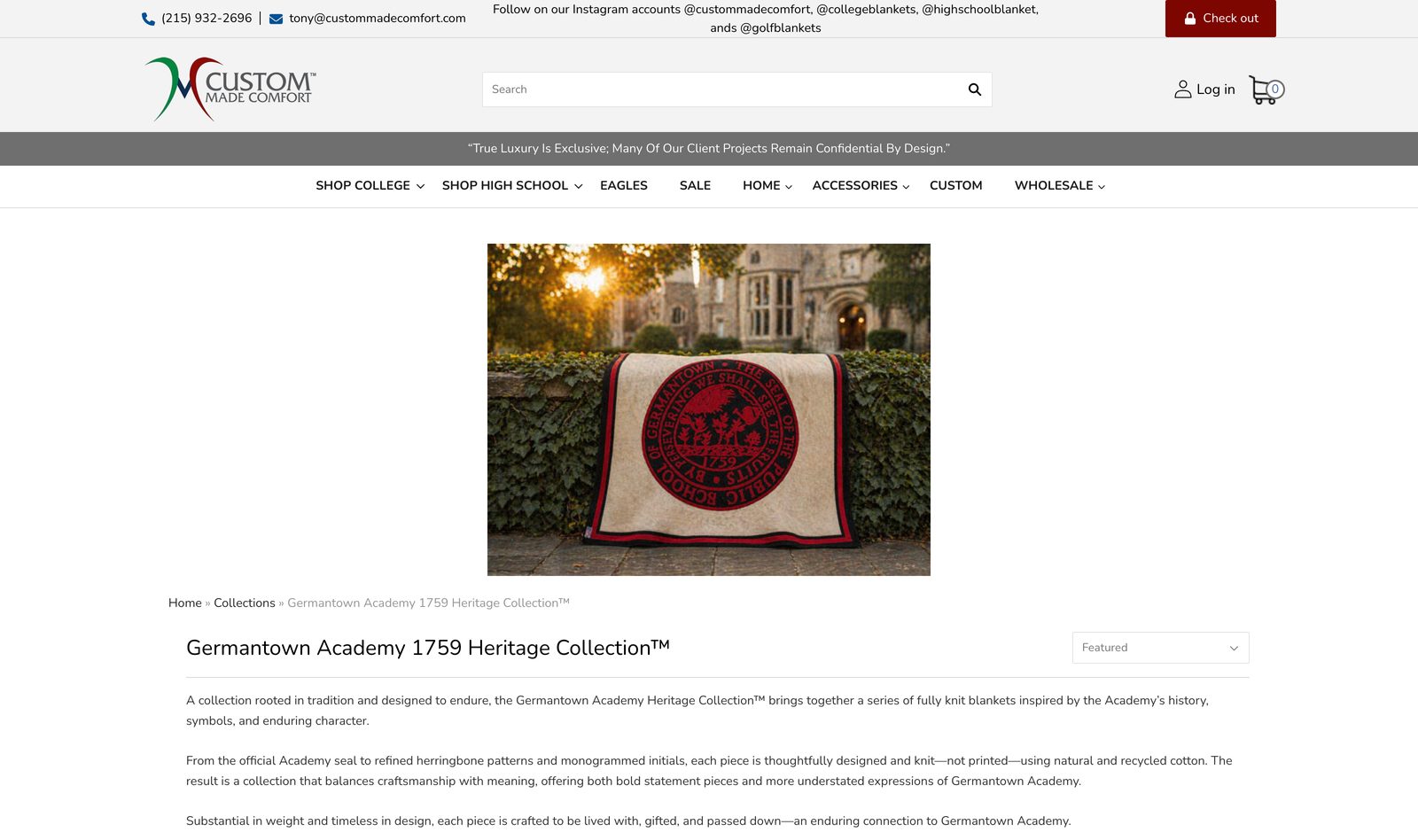 Germantown Academy 1759 Heritage Collection page featuring a burlap tote with a crest and custom heritage textiles