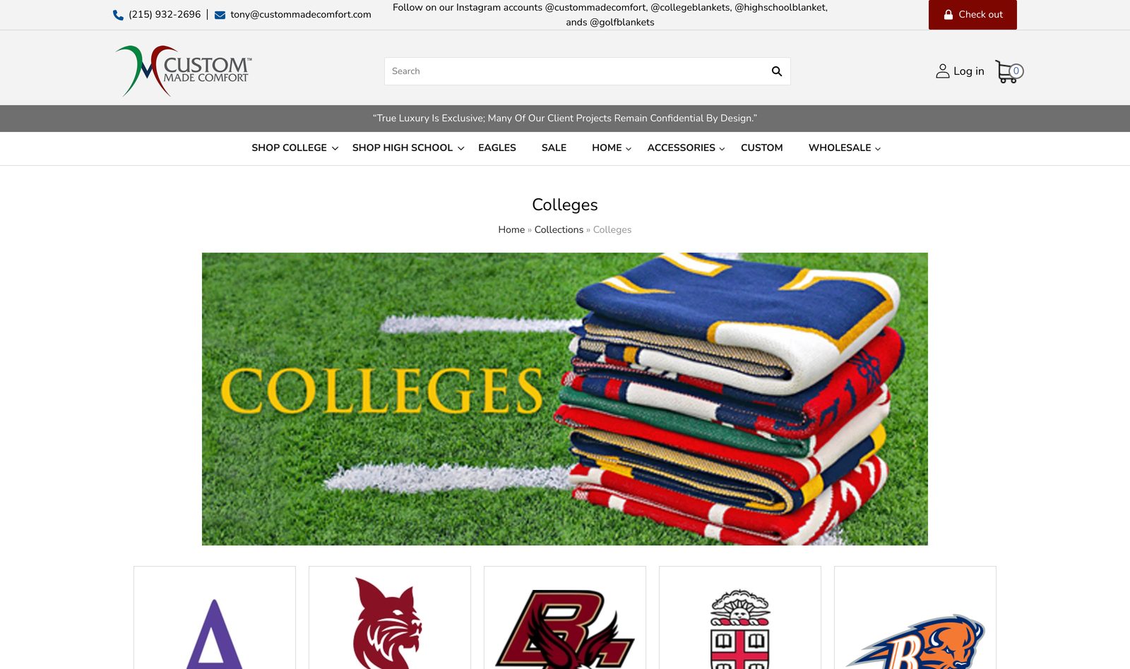 Colleges collection page showing a stack of folded college blankets on grass with college team logo cards