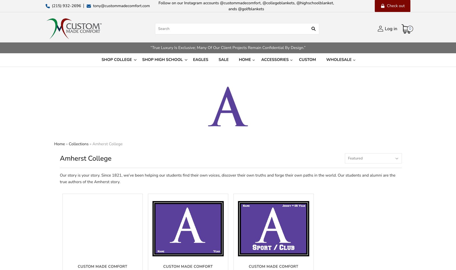 Amherst College collection page with custom-made comfort blankets shown as college crest tiles