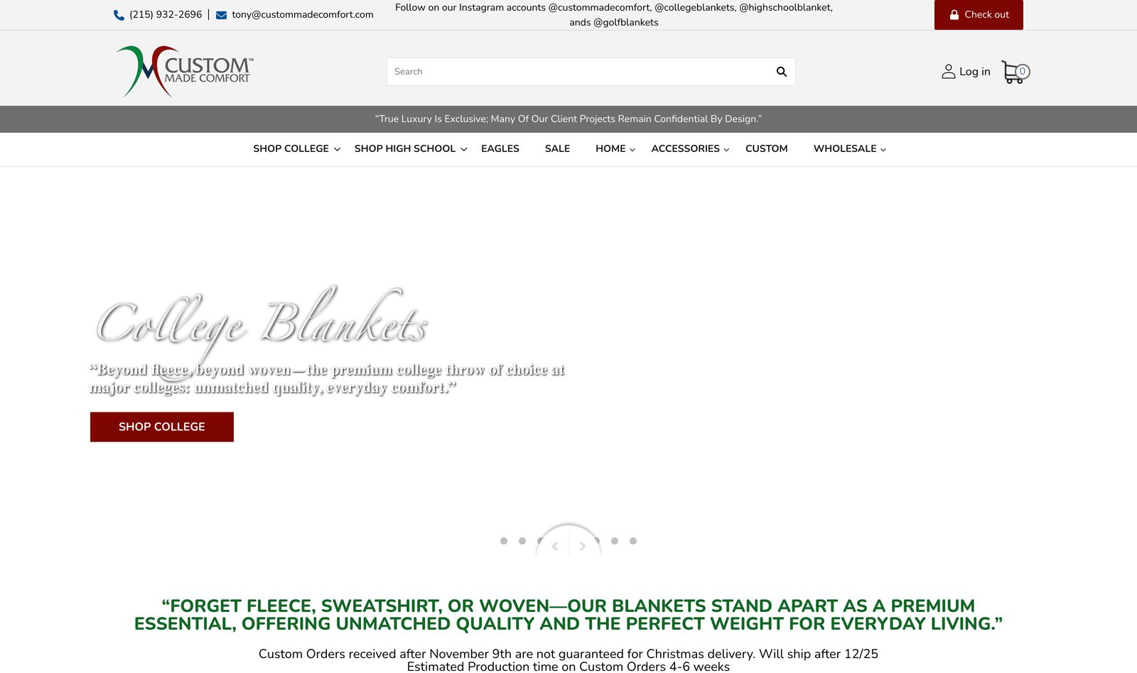 Custom Made Comfort home page with the College Blankets hero and a premium-essential headline above a Shop College call to action