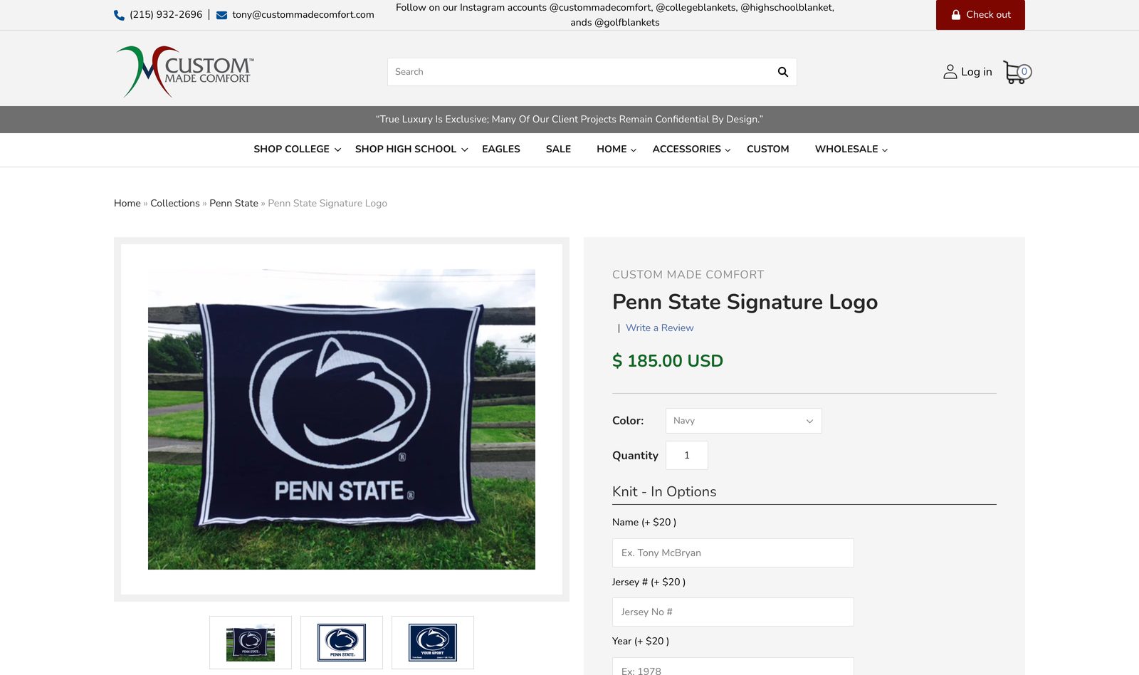 Penn State Signature Logo blanket product page priced at 185 dollars, showing a navy Penn State blanket with knit-in personalization options