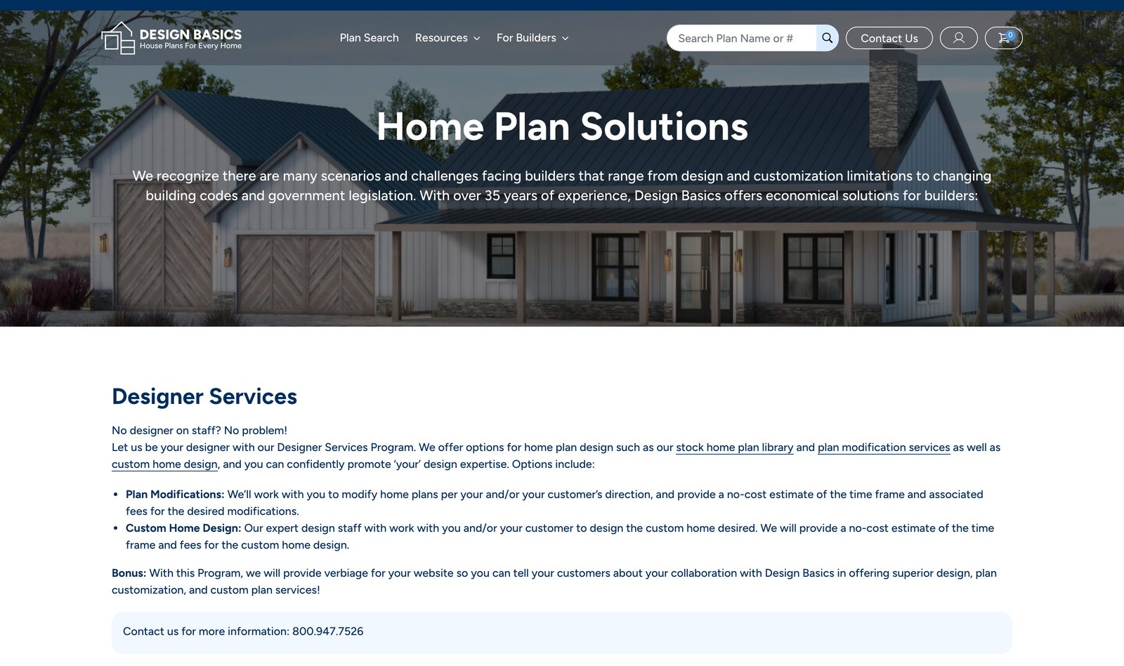 Design Basics Home Plan Solutions page outlining Designer Services including plan modifications, custom home design, and a stock plan library