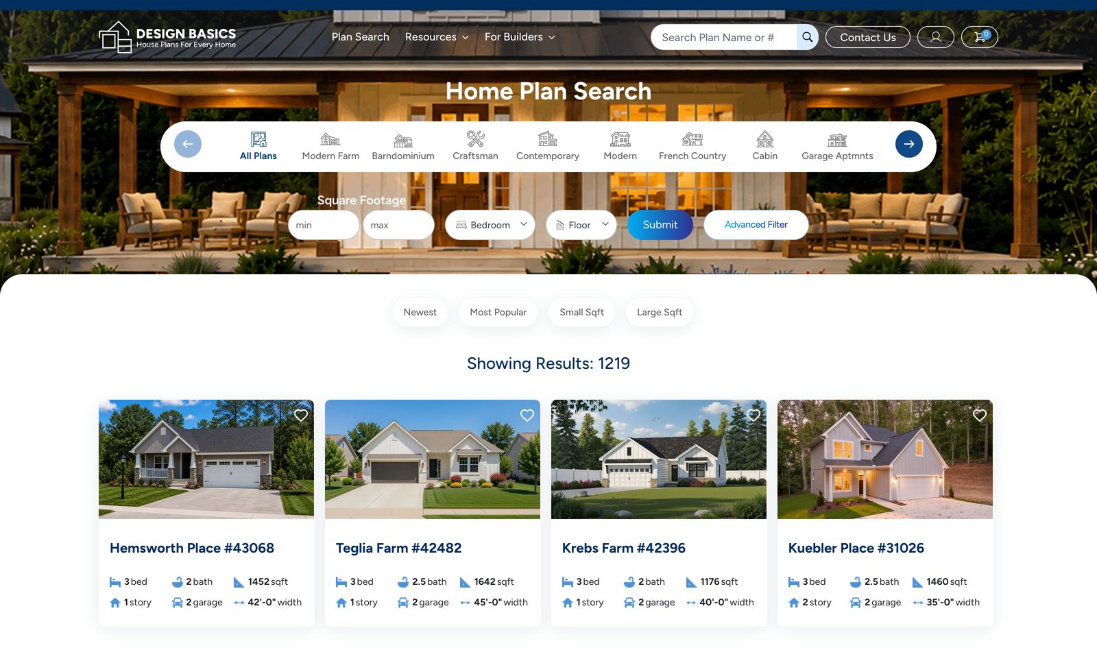 Design Basics Home Plan Search page with style tabs, square footage and bedroom filters, and a grid of plan cards showing 1,219 results
