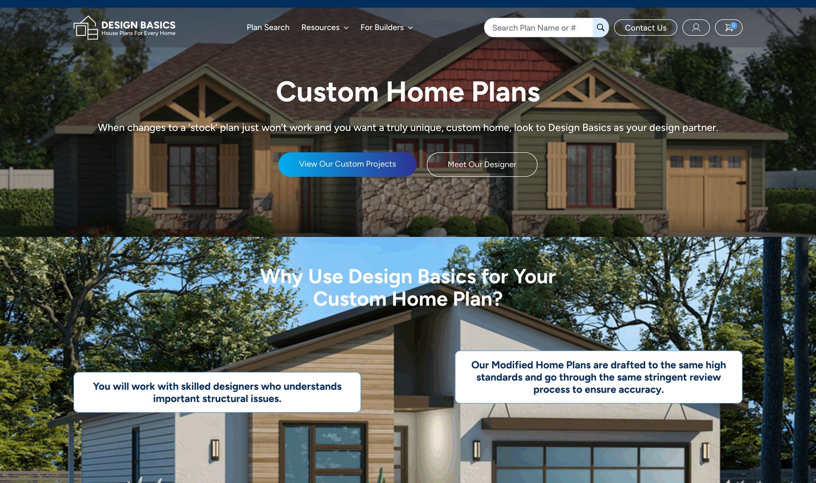 Design Basics Custom Home Plans page with house renderings and buttons to view custom projects and meet the designer