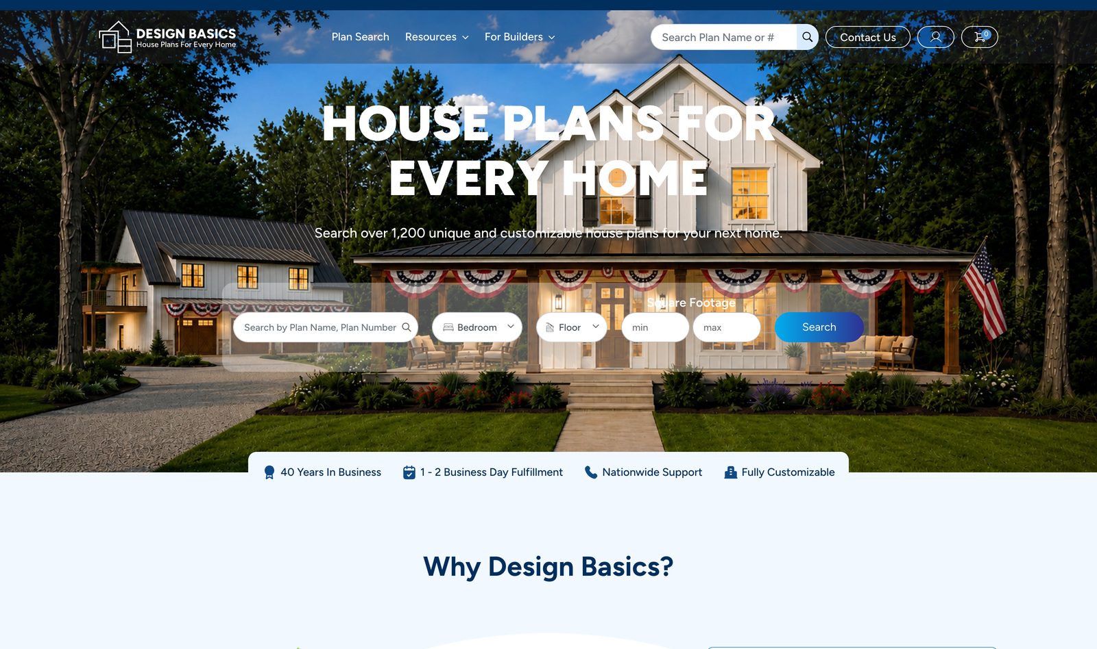 Design Basics homepage with the House Plans for Every Home hero over a home photo and a plan search bar for bedroom, floor, and square footage