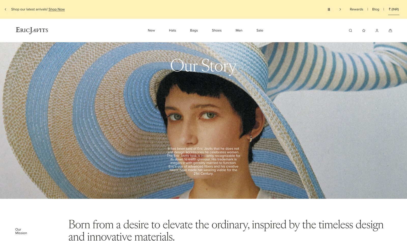 Eric Javits Our Story page describing the brand heritage alongside a striped wide-brim hat portrait