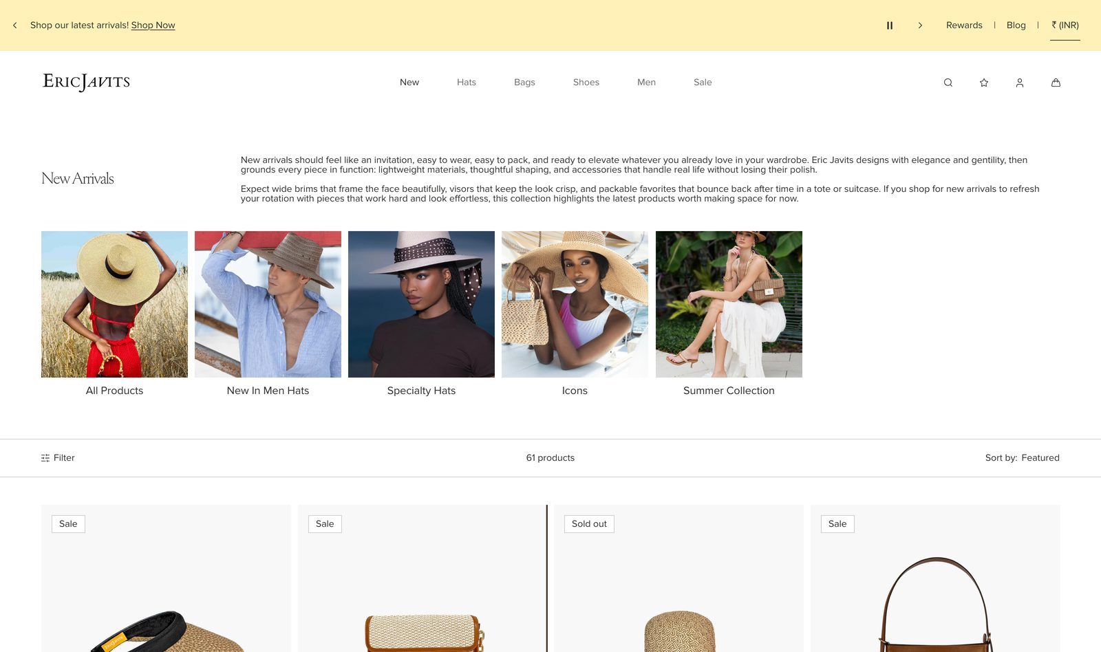 Eric Javits New Arrivals collection grid of sun hats and bags shown with model portraits, plus filter and sort controls