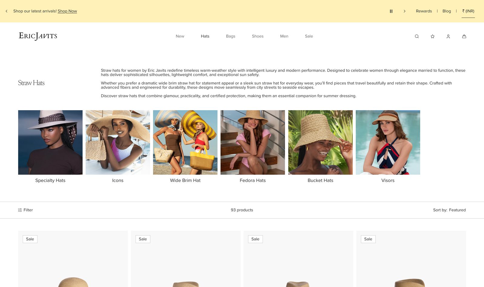 Eric Javits Straw Hats collection grid split into Specialty Hats, Icons, Wide Brim, Fedora, and Bucket with model imagery