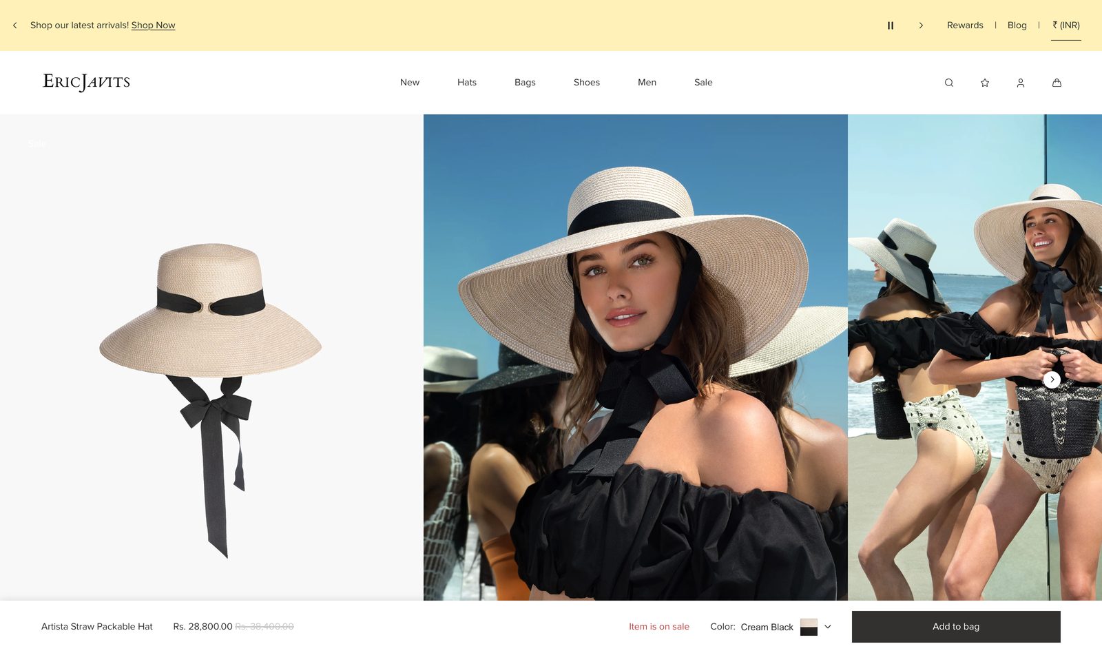 Eric Javits Annex Straw Packable Hat product page with a model wearing the wide-brim hat, Cream Black color, and an Add to bag button