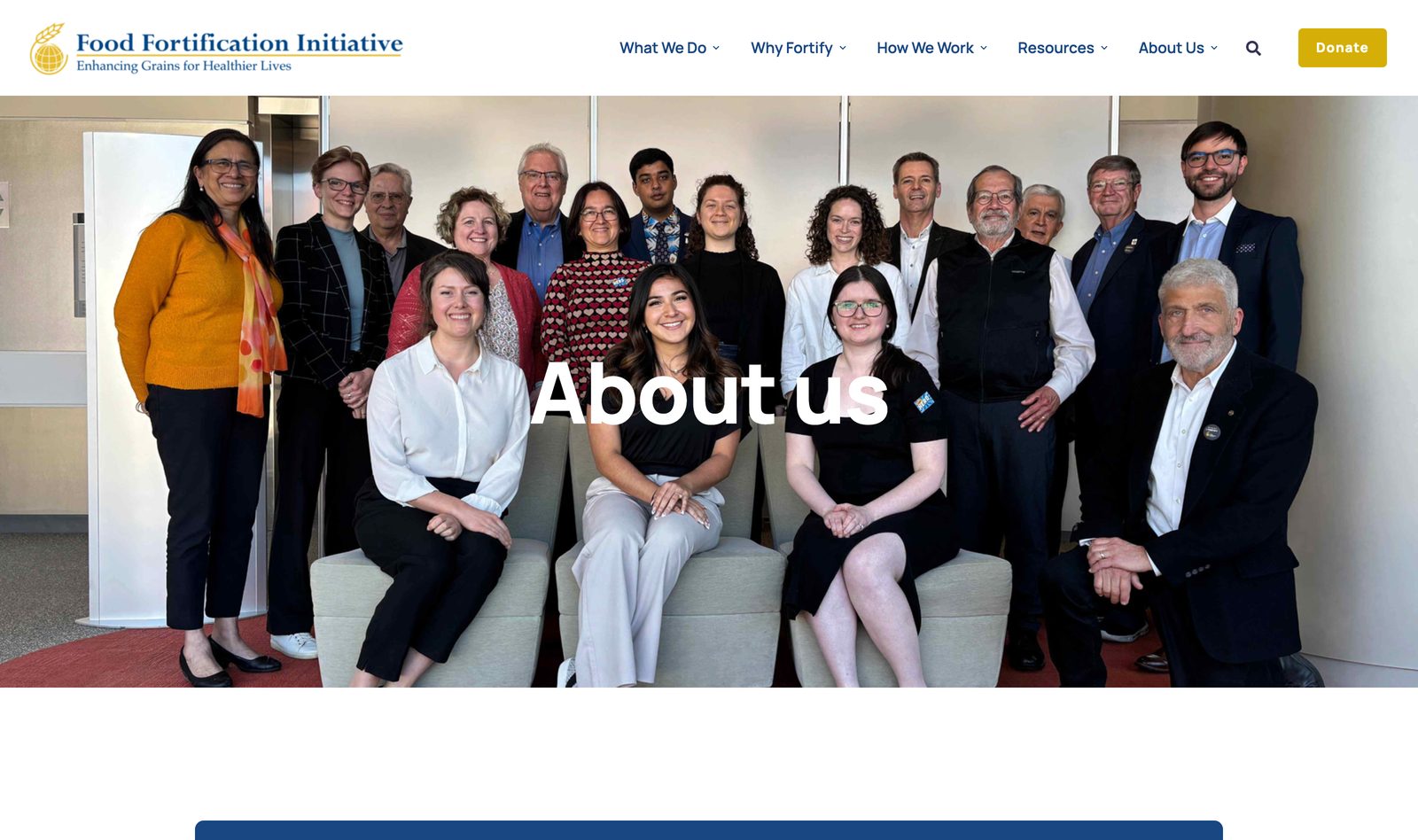 FFI About Us page with a group portrait of the team and partners under an about us heading