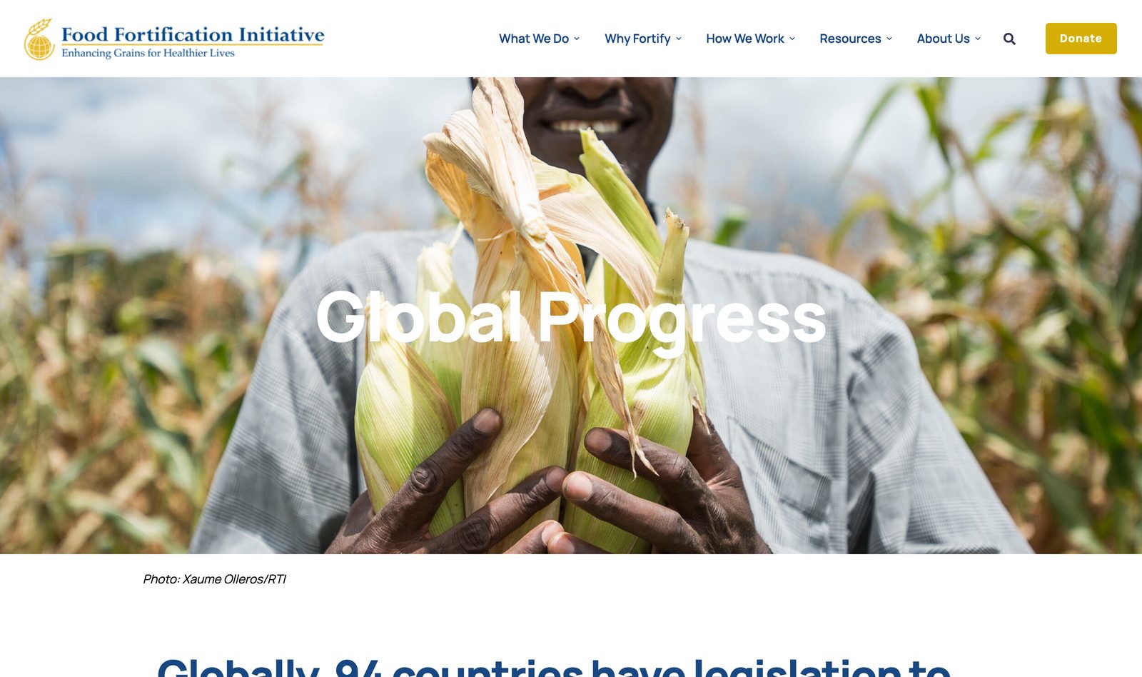 FFI Global Progress page with a farmer holding maize and a heading on how many countries have fortification legislation in place