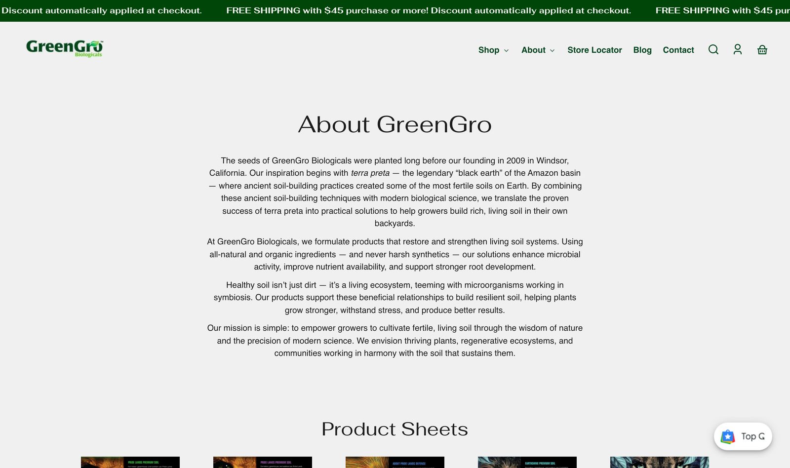 GreenGro About page telling the GreenGro Biologicals story of organic soil-building and regenerative gardening