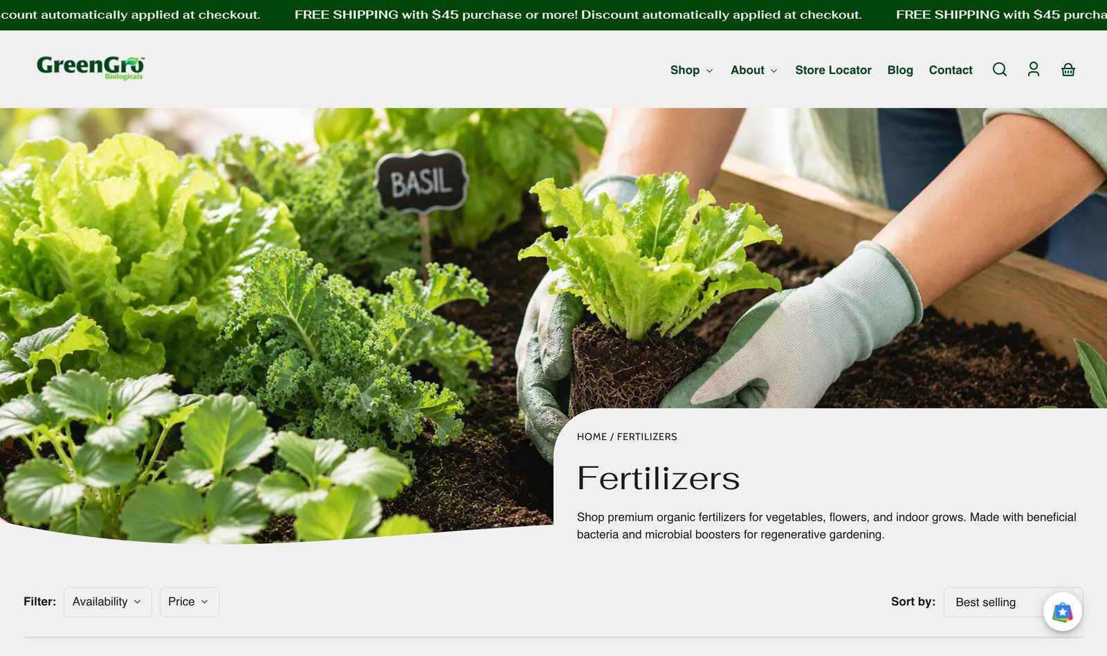 GreenGro Fertilizers collection page showing premium organic fertilizer products above an image of hands planting basil in a raised bed