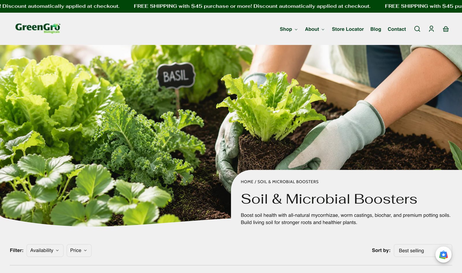 GreenGro Soil and Microbial Boosters collection showing mycorrhizae and worm-casting soil products for stronger roots