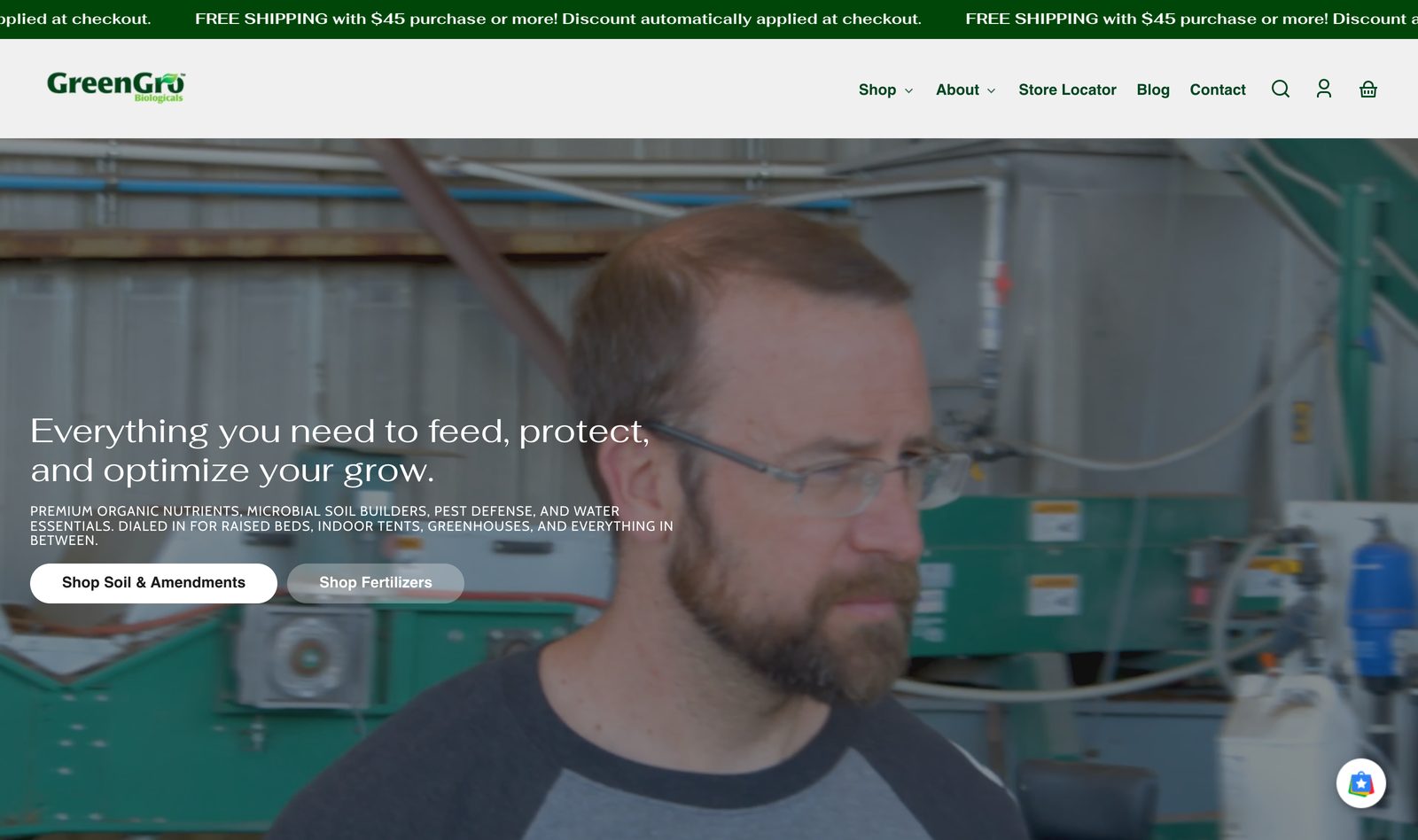 GreenGro homepage hero with a grower in a greenhouse, a feed, protect, and optimize headline, and Shop Soil and Shop Fertilizers buttons on a green theme
