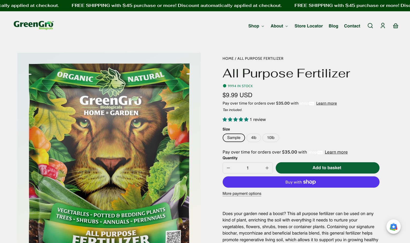 GreenGro All Purpose Fertilizer product page at 9.99 dollars with the organic GreenGro Home and Garden pouch, Add to basket, and Buy with Shop