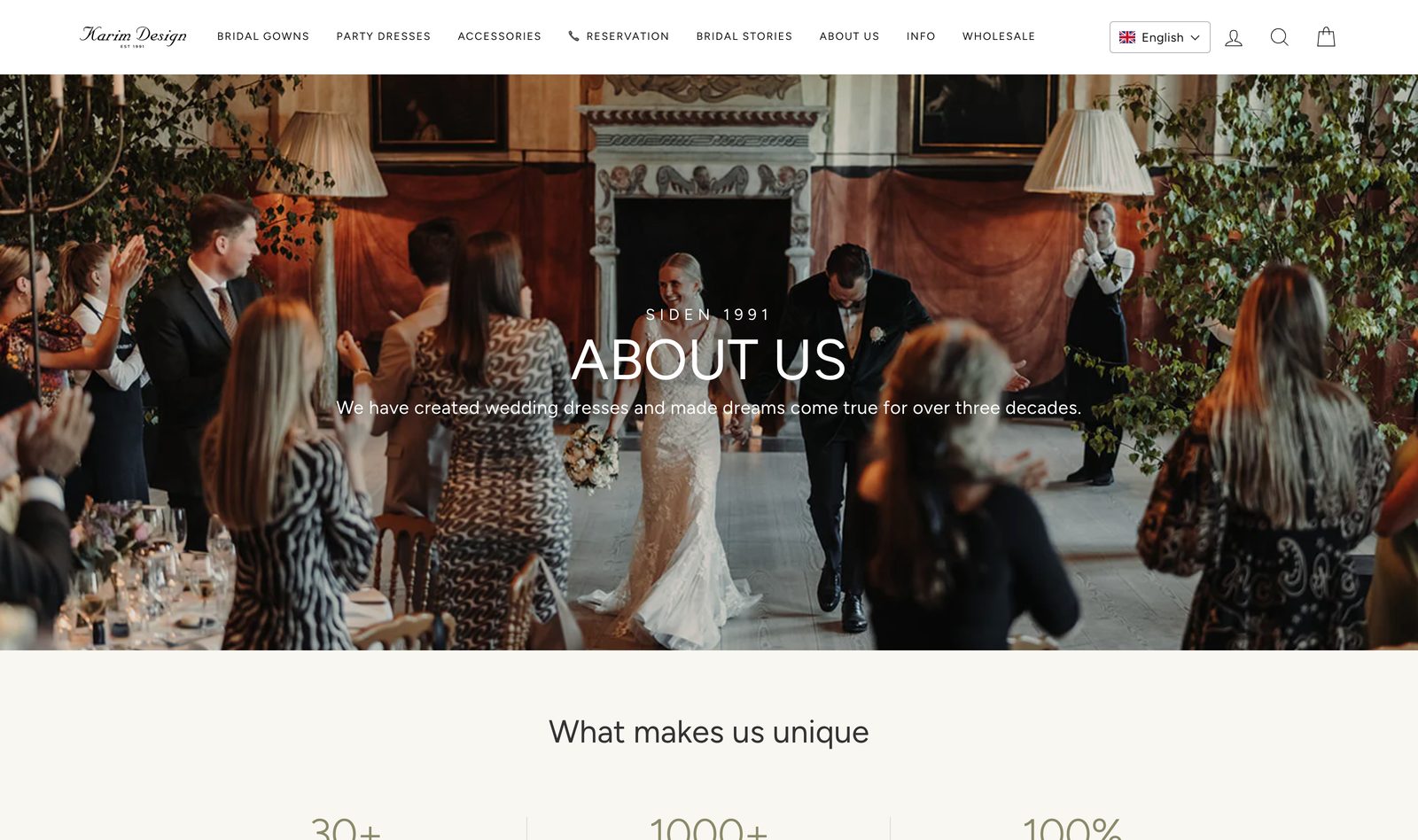 Karim Design About Us page with a Siden 1991 wedding scene and a What makes us unique stats block for over three decades of wedding-dress design