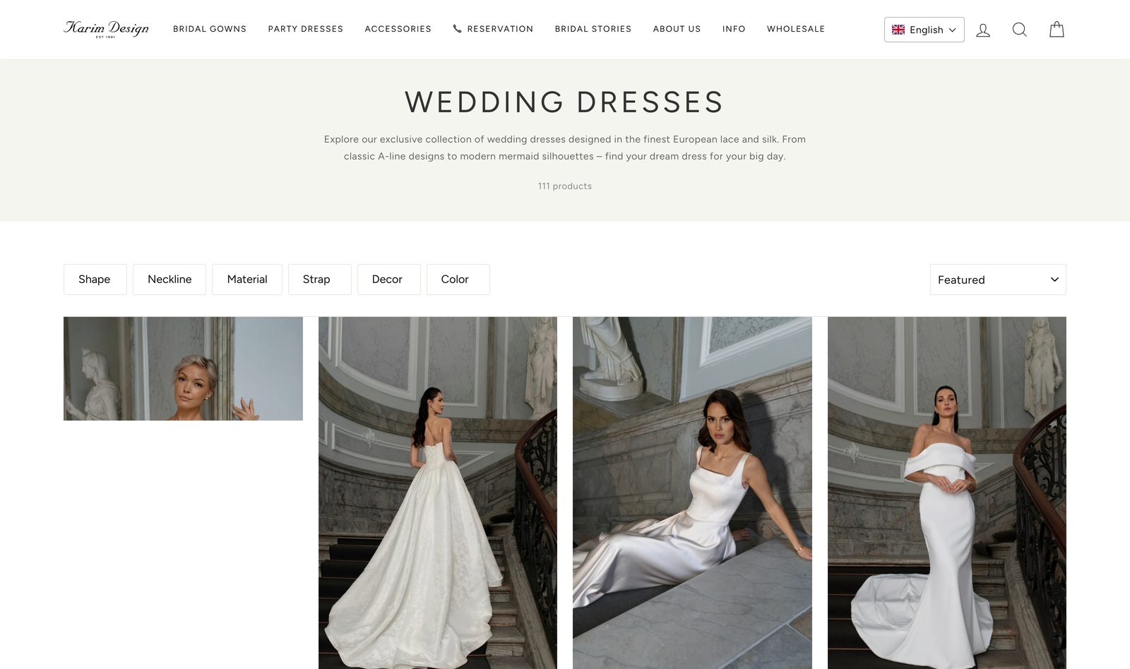 Karim Design Wedding Dresses collection page showing a grid of bridal gowns on models with Shape, Neckline, Material, Strap, Decor, and Color filters and 111 products
