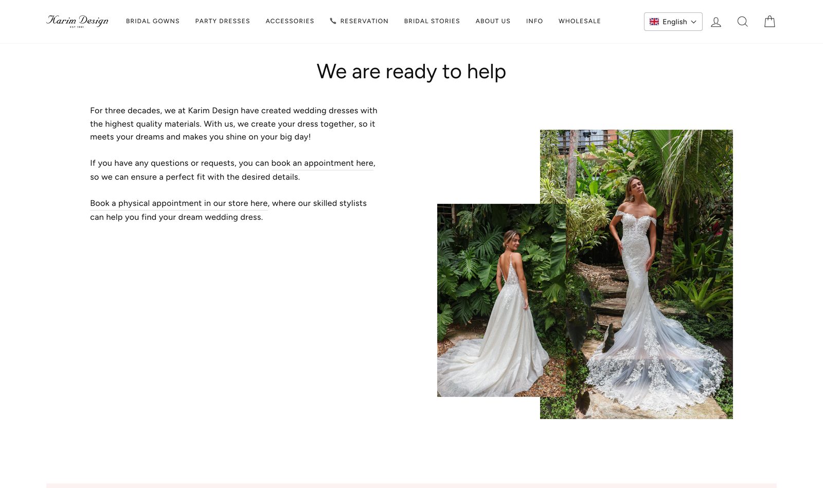 Karim Design We are ready to help section describing three decades of wedding-dress craft beside a bride photographed in a garden