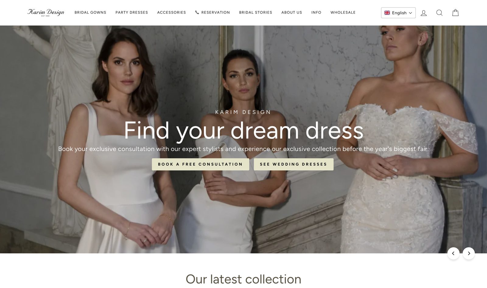 Karim Design bridal homepage hero with three brides in white gowns in an ornate marble interior, a Find your dream dress headline, and Book a Free Consultation and See Wedding Dresses buttons