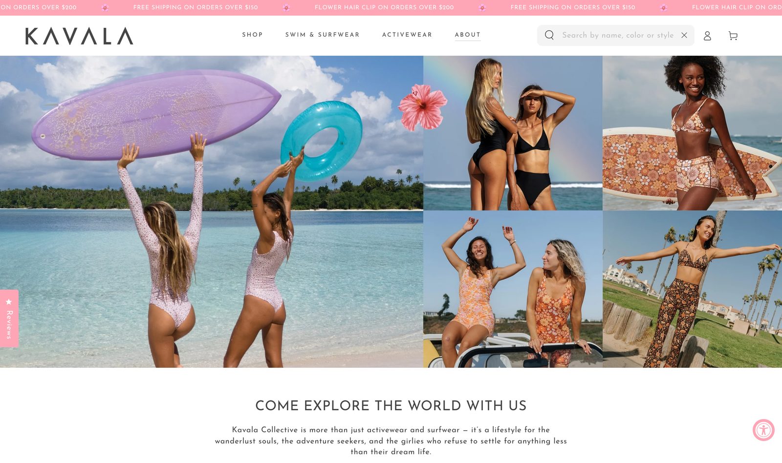 Come Explore the World With Us brand section with a surf and adventure lifestyle photo mosaic and Kavala Collective story copy