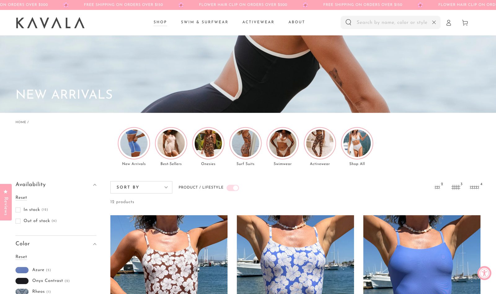 Kavala Collective New Arrivals collection page with surf suit and swimwear model thumbnails, category circles, and a sort bar with filters