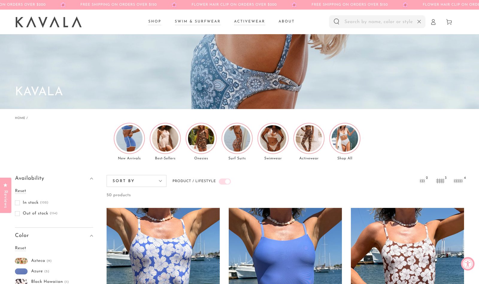Kavala swimwear collection grid in a floral print with model imagery, filters, and grid layout controls
