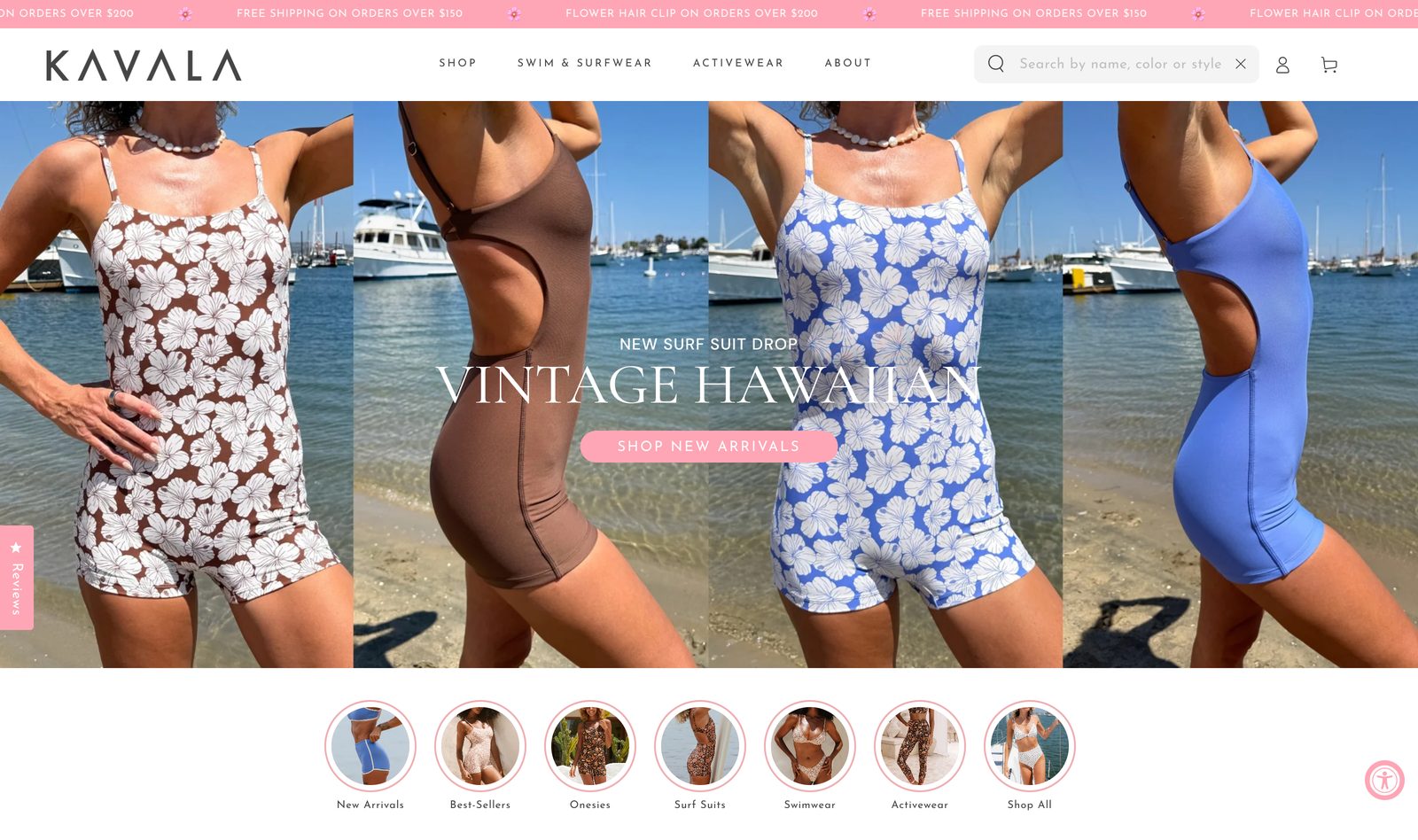 Kavala Collective homepage hero showing the VINTAGE HAWAIIAN new surf suit drop on lifestyle swimwear models by a harbor with a Shop New Arrivals button