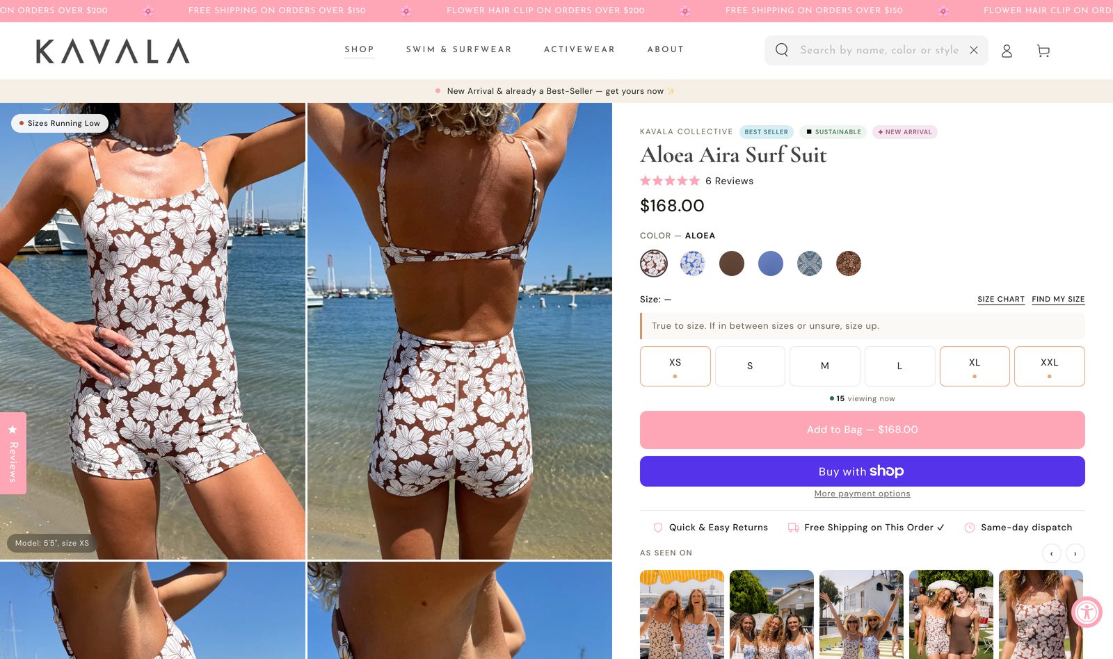 Aloea Aira Surf Suit product page priced at $168.00 with a model back view, color and size options, and Add to Bag and Buy with Shop buttons