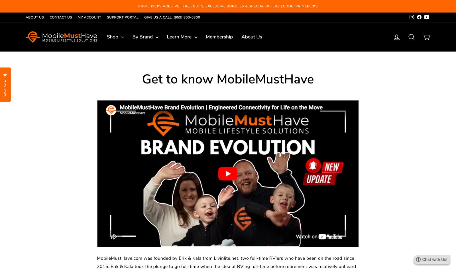 Get to Know MobileMustHave brand evolution section with an embedded video and the story of founders Erik and Kala, full-time RVers