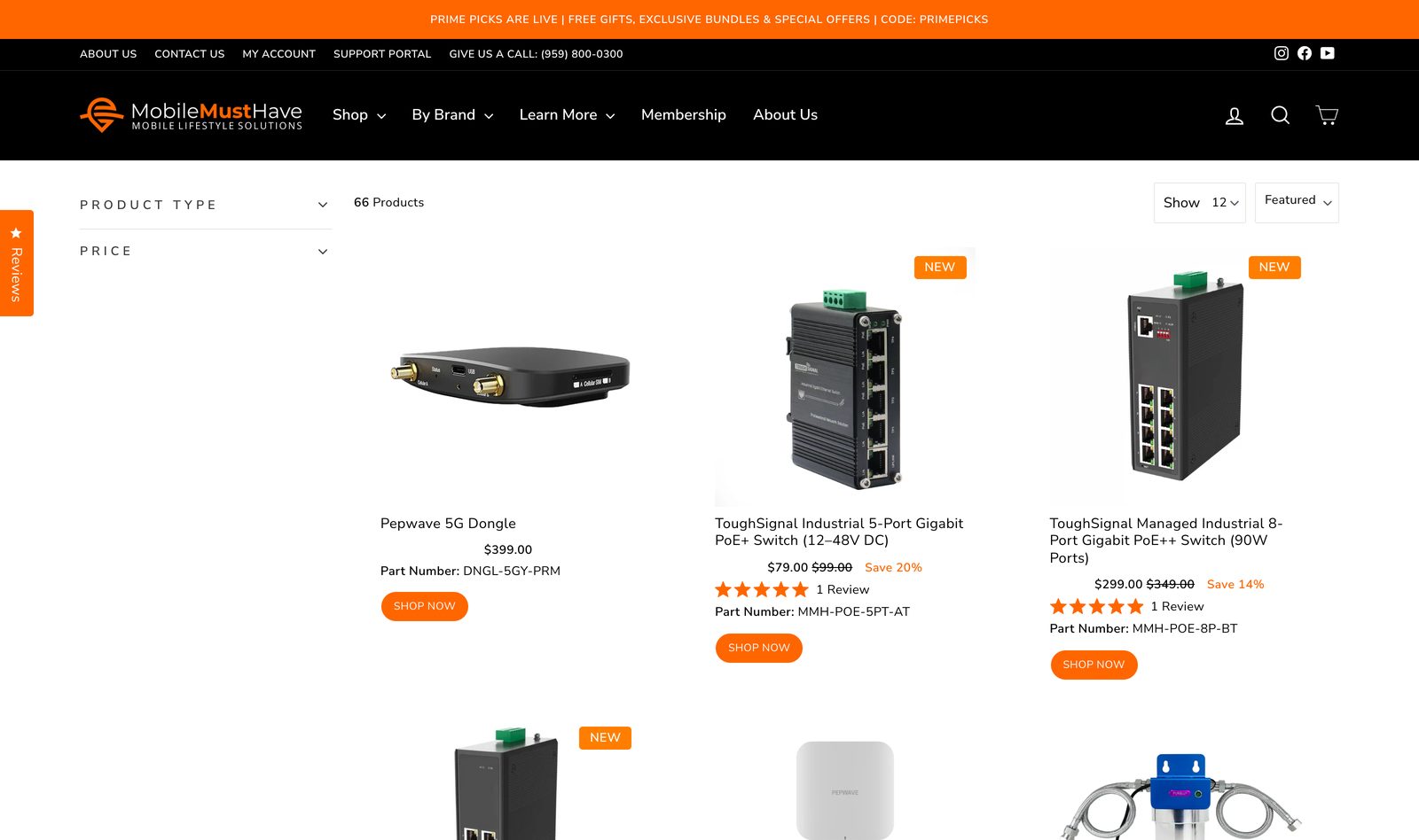 MobileMustHave collection page showing a grid of mobile internet hardware including a Pepwave 5G dongle and ToughSignal gigabit PoE switches with part numbers and prices