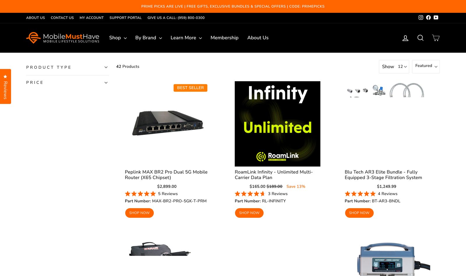 MobileMustHave product grid featuring a Peplink MAX BR2 Pro router, the RoamLink Infinity unlimited data plan, and a Blu Tech AR3 filtration bundle with prices and Shop Now buttons