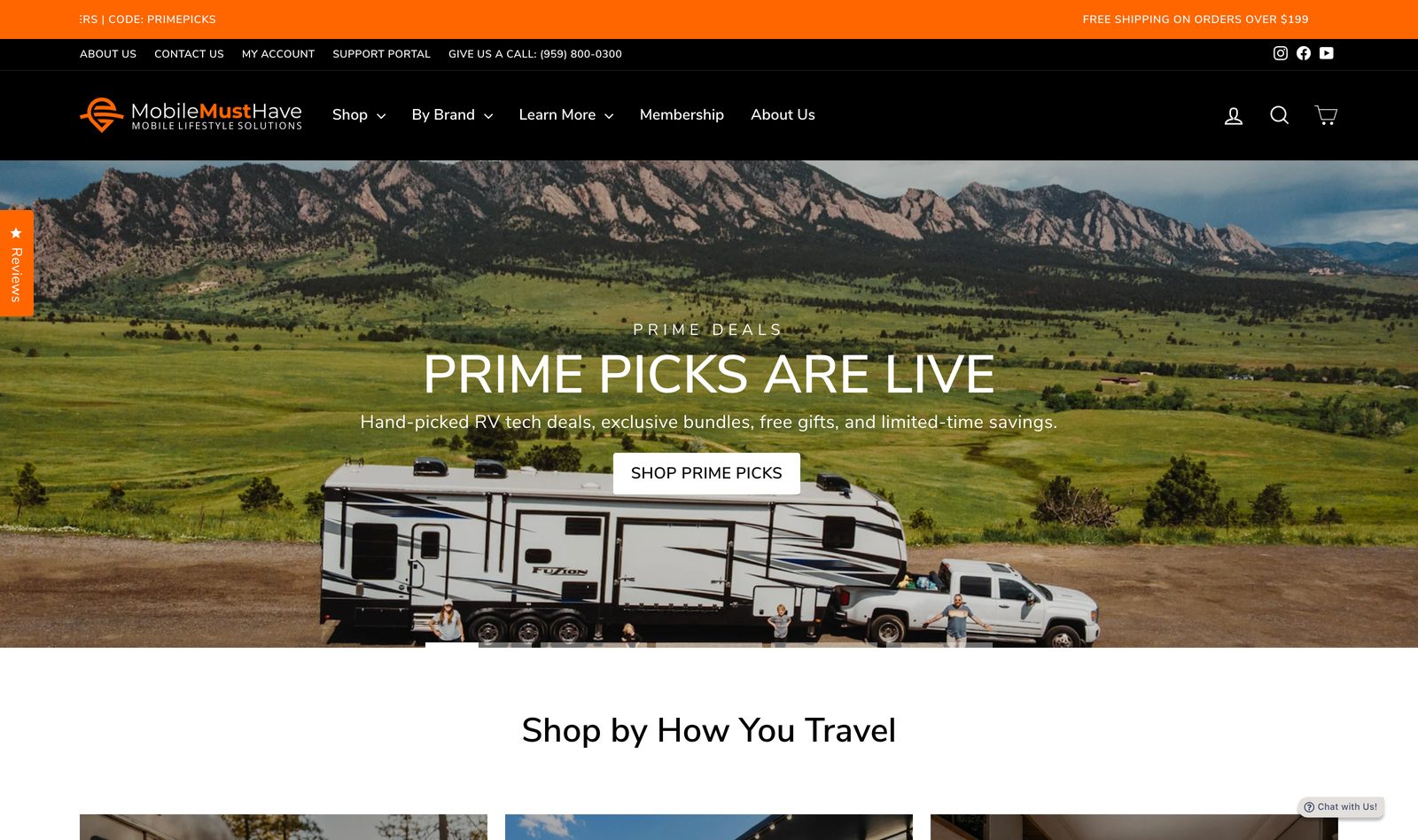MobileMustHave homepage hero reading Prime Picks Are Live over an RV parked by a lake, with a Shop by How You Travel category grid below