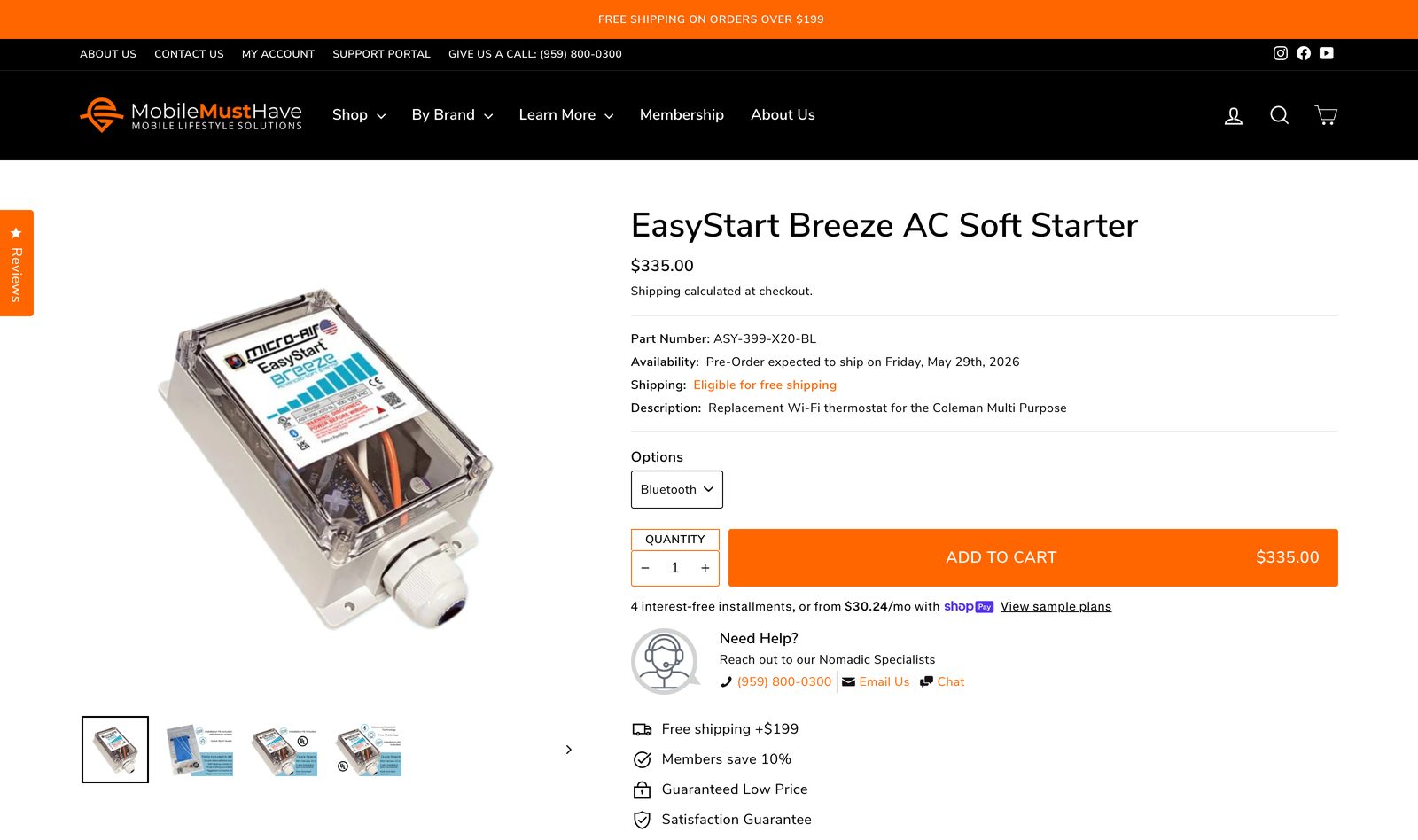 EasyStart Breeze AC Soft Starter product page priced at $335 with options, free shipping, guaranteed low price, and a Need Help block to reach a Nomadic Specialist