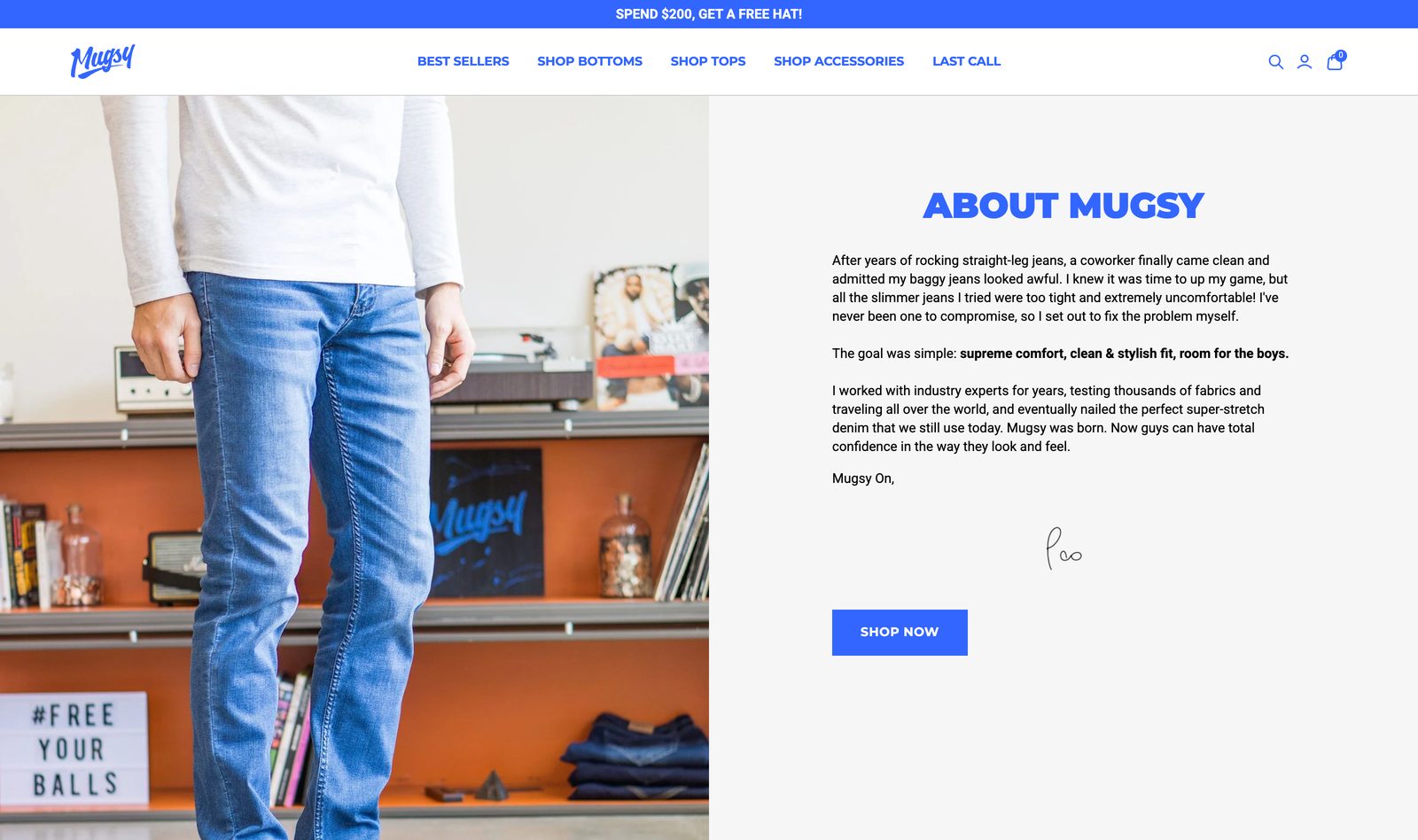 About Mugsy page with a man in blue jeans on the left and the Chicago menswear brand founder story on the right with a Shop Now button
